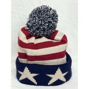 Pugs Patriotic Beanie Cap Red White Blue Stars & Stripe Large Pom Pom - Unisex-